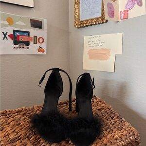 Women's Black Feather Trim Ankle-Strap Heels
